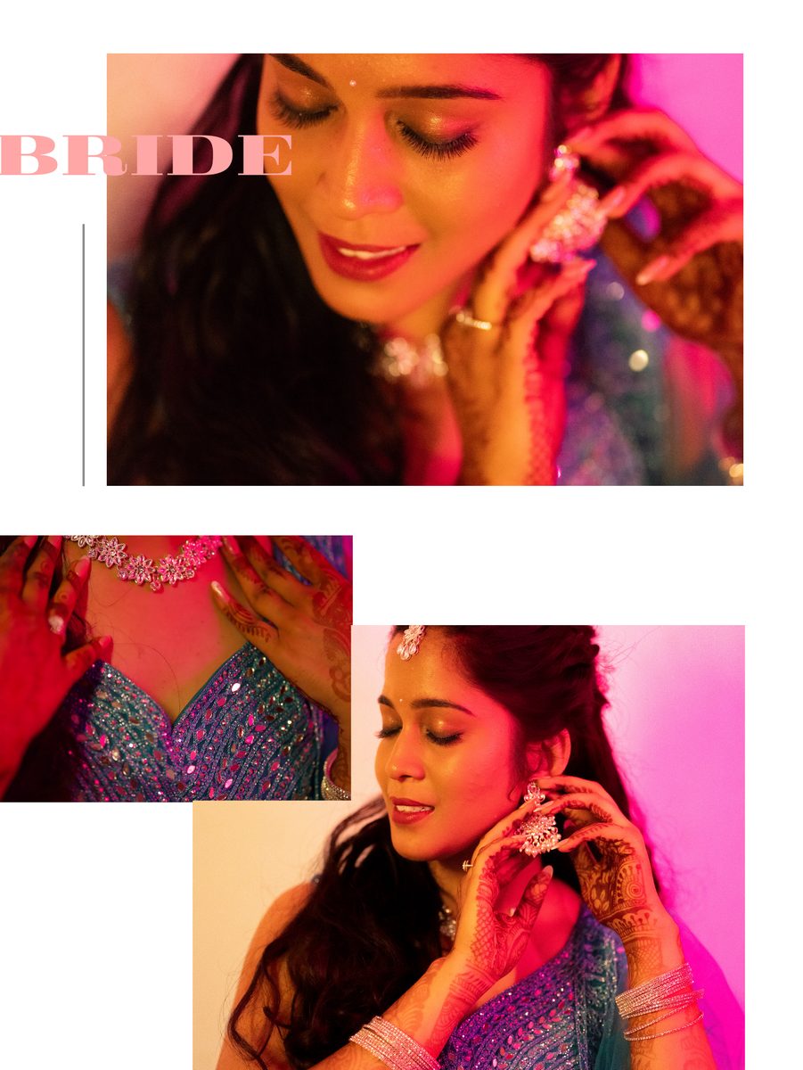 Editorial collage — model in sequined outfit under pink and magenta light